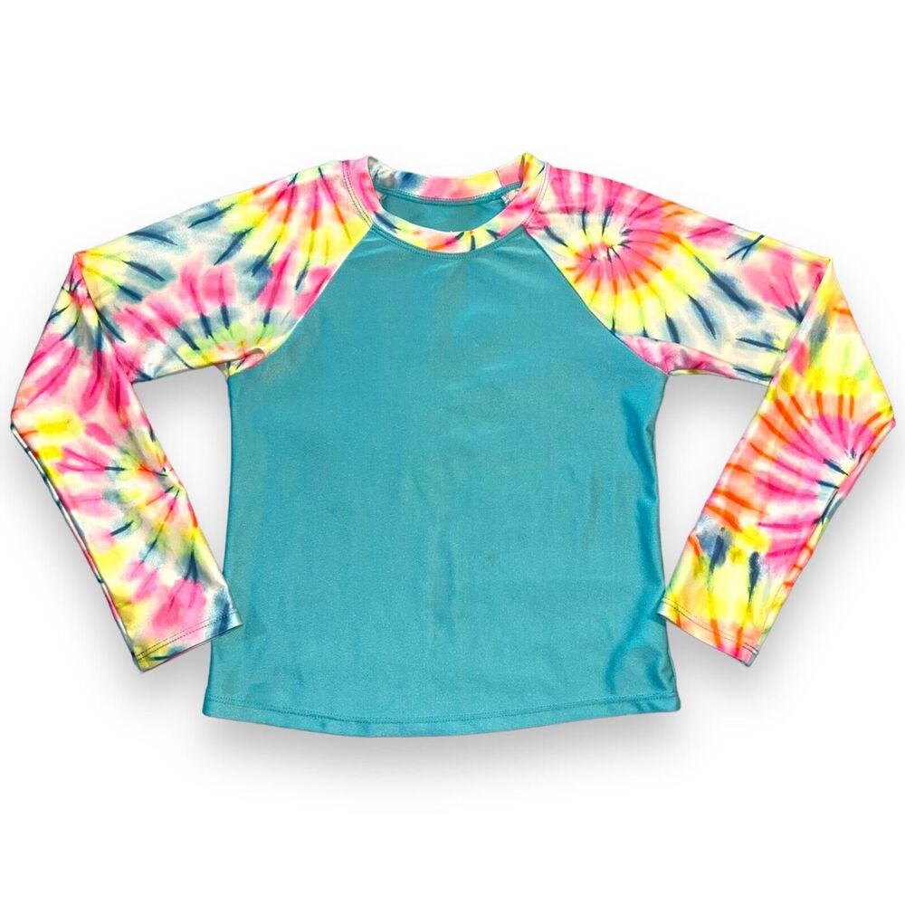 Wonder Nation Girls Rash Guard Swimsuit Top Shirt Long Sleeves Tie Dye Medium